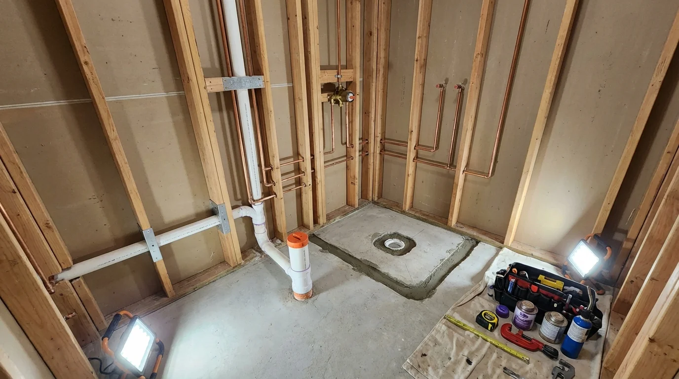 Bathroom rough-in plumbing during remodel by Johns Plumbing LLC in Oglesby