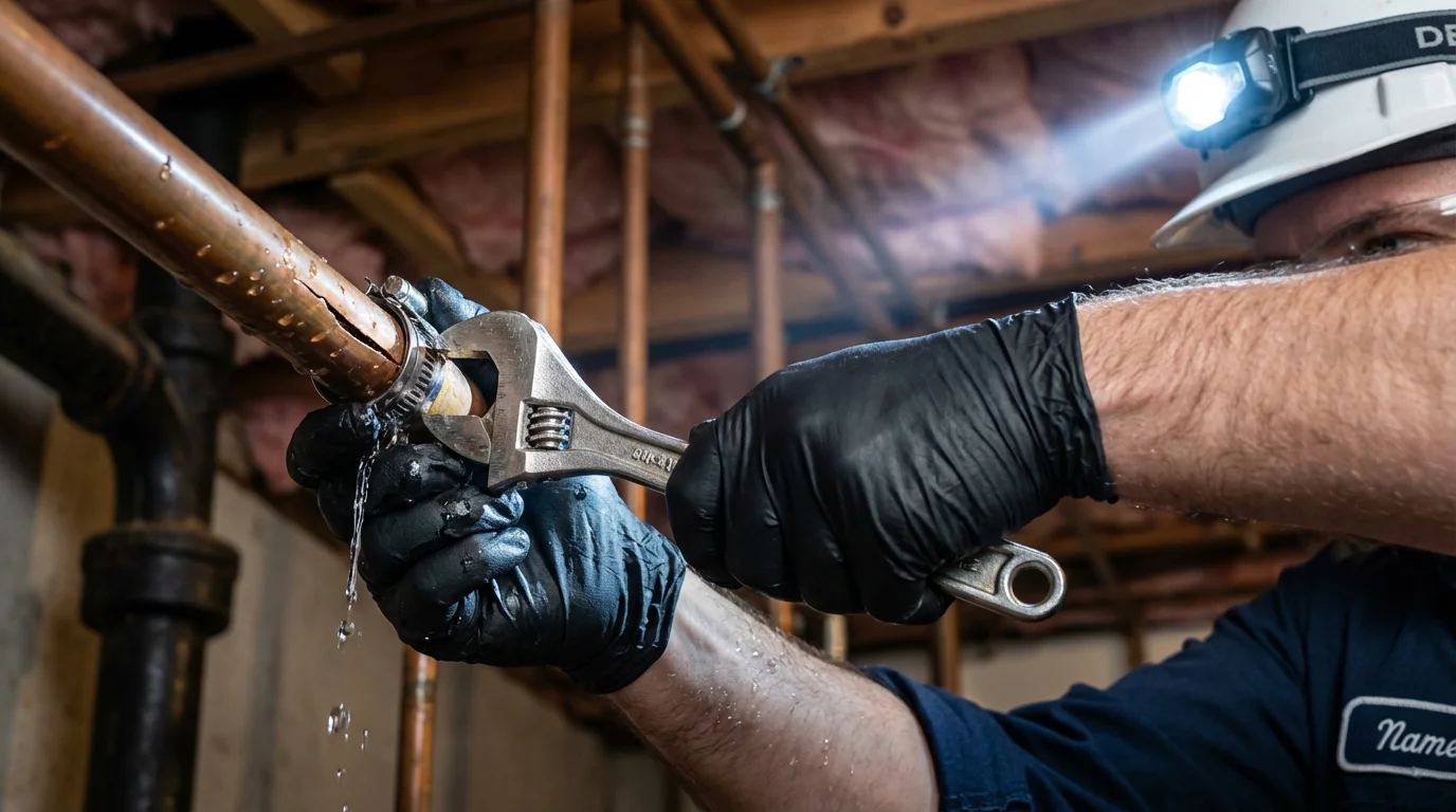Emergency pipe clamp repair being performed by a Johns Plumbing LLC plumber in Oglesby