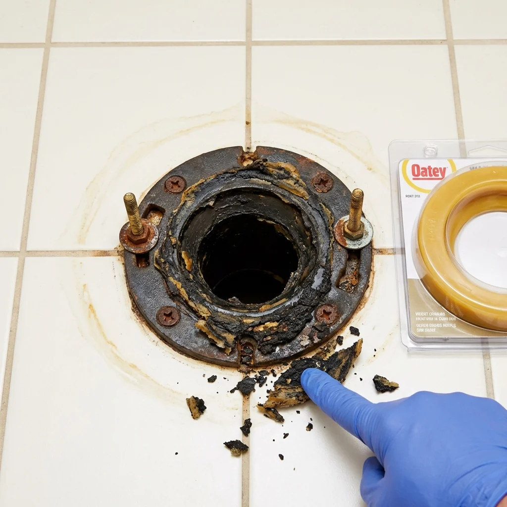 Failed wax ring showing water seepage at the base of a toilet in a Oglesby, IL home