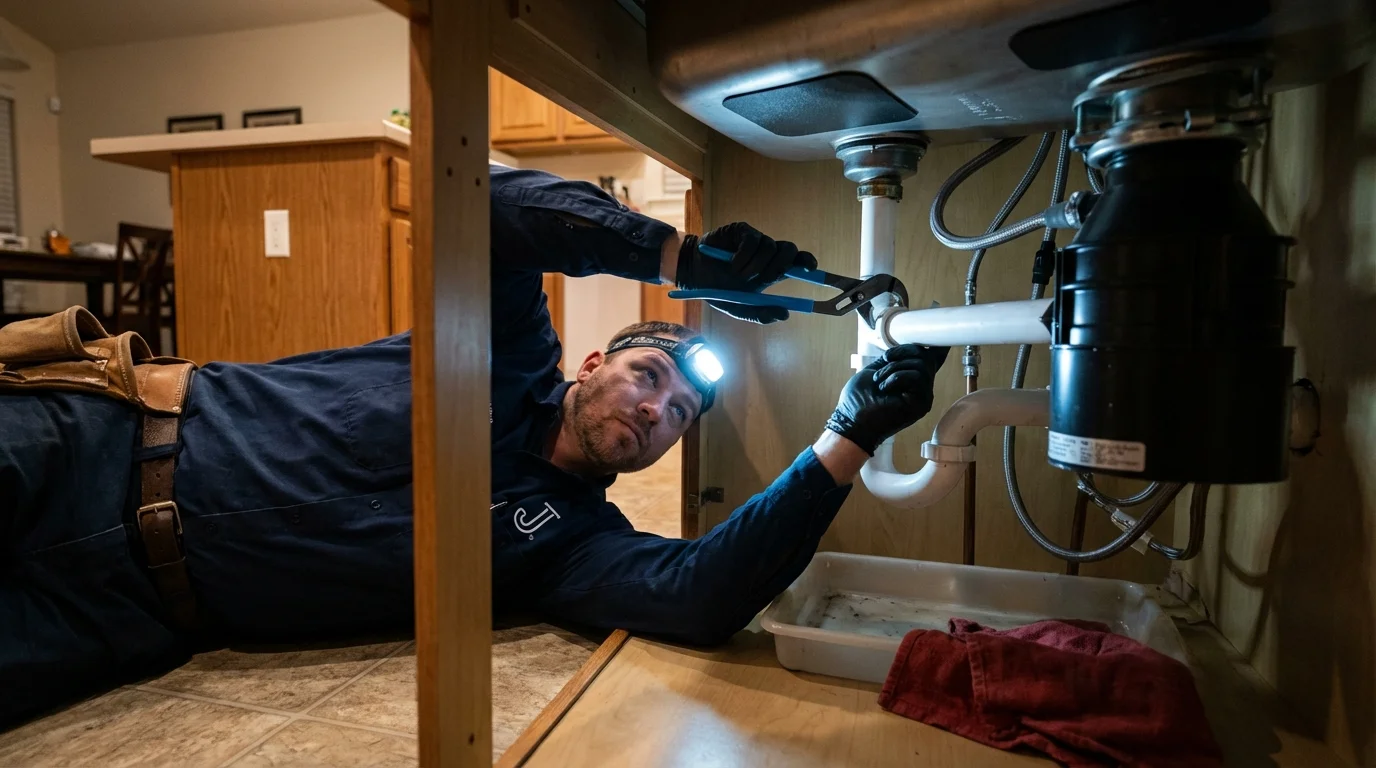 P-trap and supply line connections under a kitchen sink showing a common leak point in Oglesby, IL